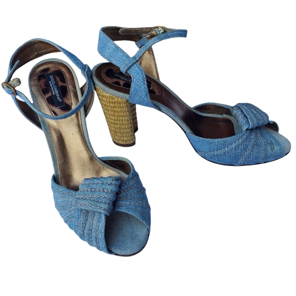 Dolce & Gabbana Blue Denim Espadrille Style Peep Toe Heel Sandals w/Ankle Strap - Picture 12 of 12